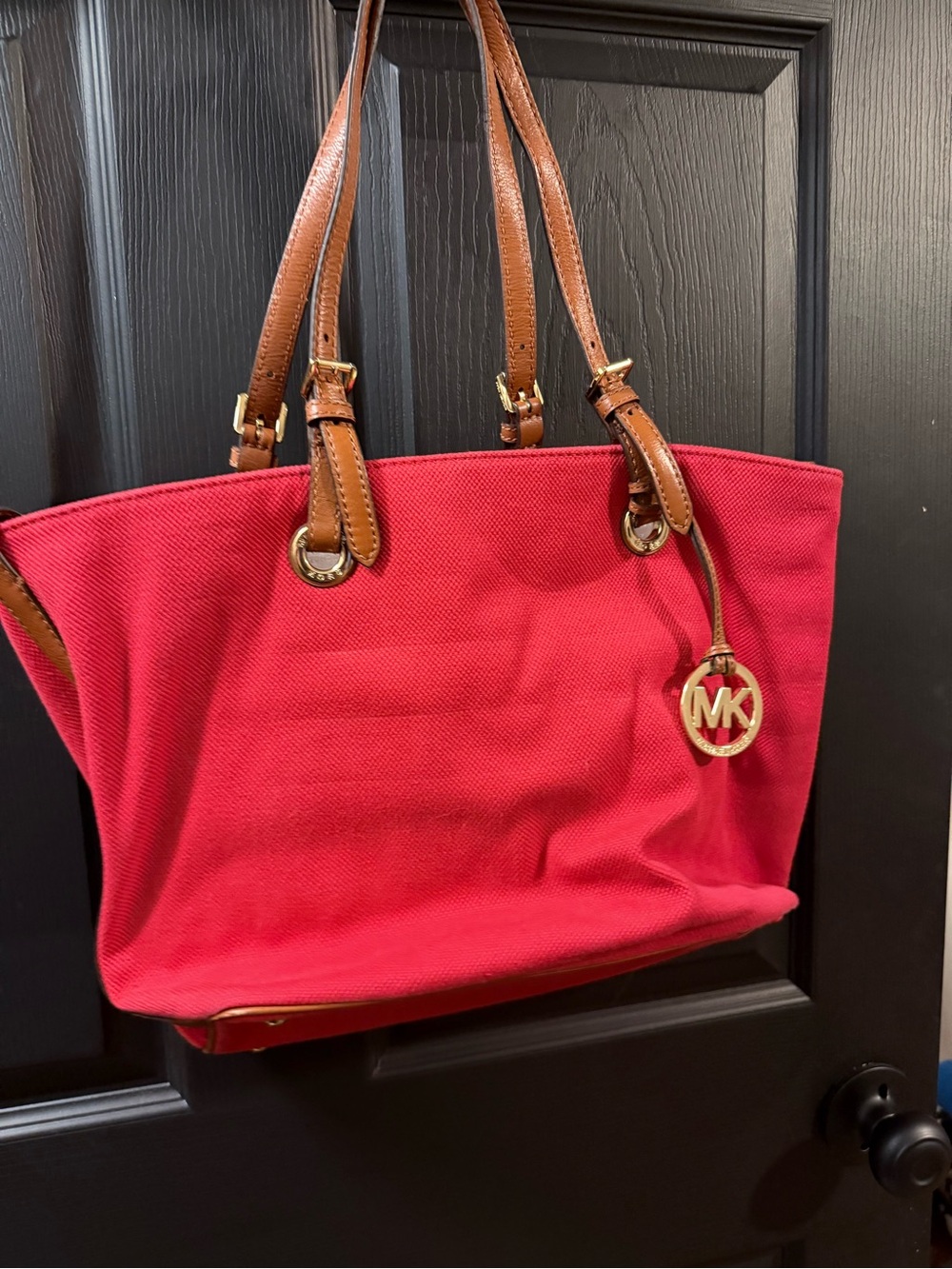 Michael Kors Red Canvas Tote with Brown Leather Trim and Gold MK Charm